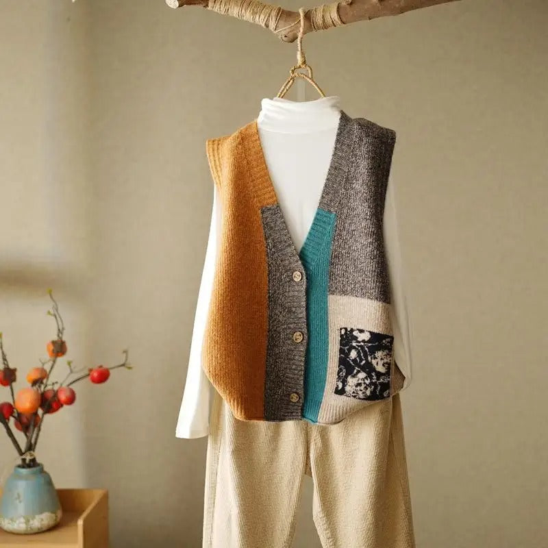Stilla | Farverig Patchwork Strikket Vest Til Kvinder