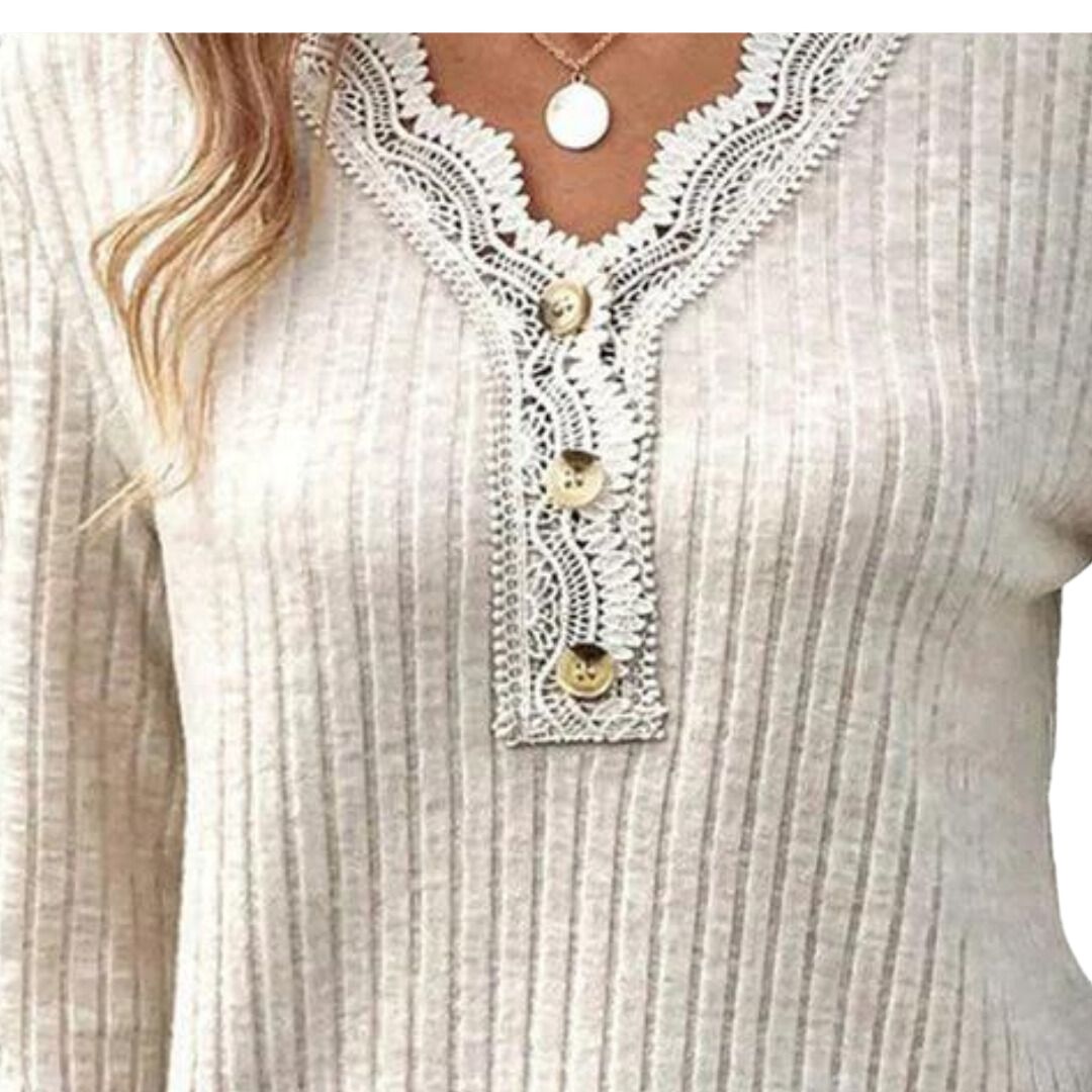 Stilla | Ribstrikket Henley med Blondestof Detaljer Online nu