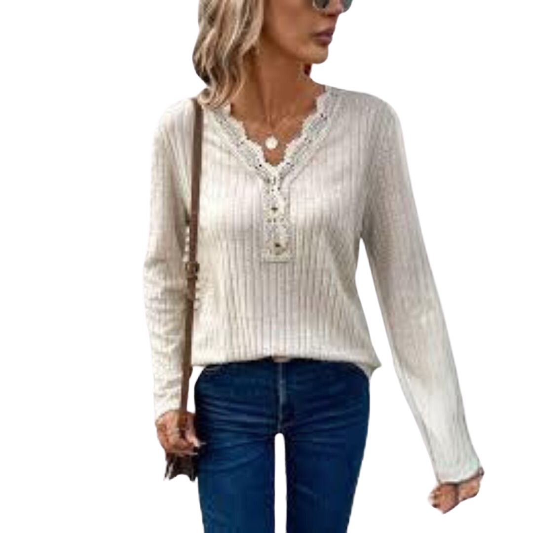 Stilla | Ribstrikket Henley med Blondestof Detaljer Online nu