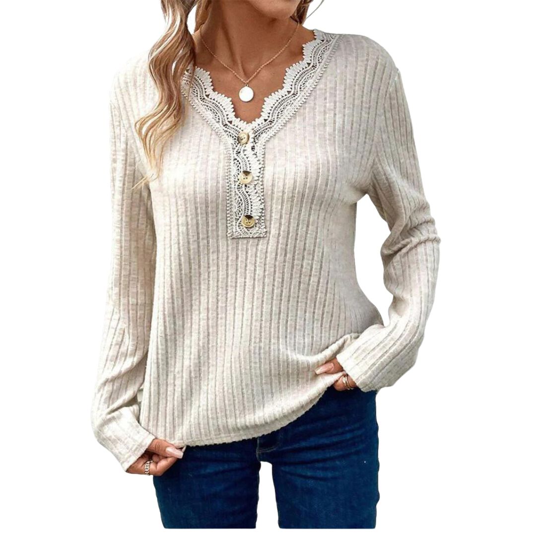 Stilla | Ribstrikket Henley med Blondestof Detaljer Online nu