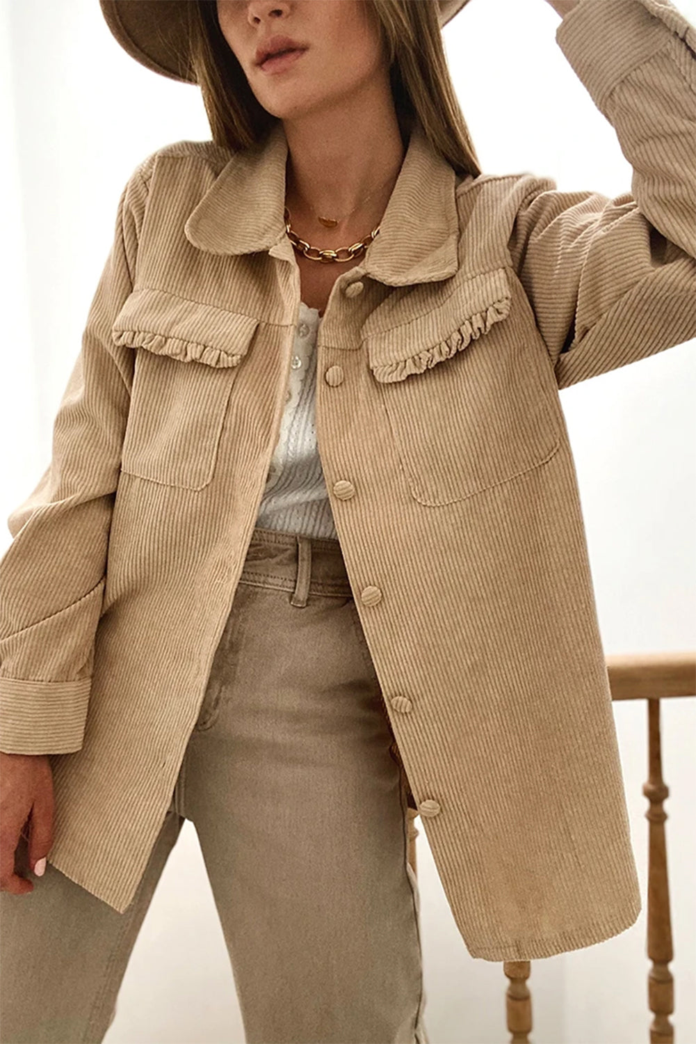 Stilla | Corduroy Skjortejakke med Flæsedetaljer Bomuldsblanding Elegant & Moderne