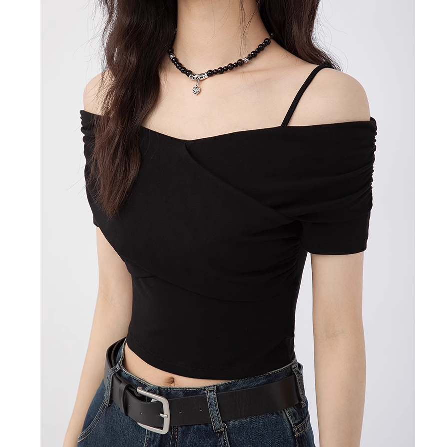 Stilla | Off Shoulder Ensfarvet Korte Ærmer Slim Fit T-Shirt Mode