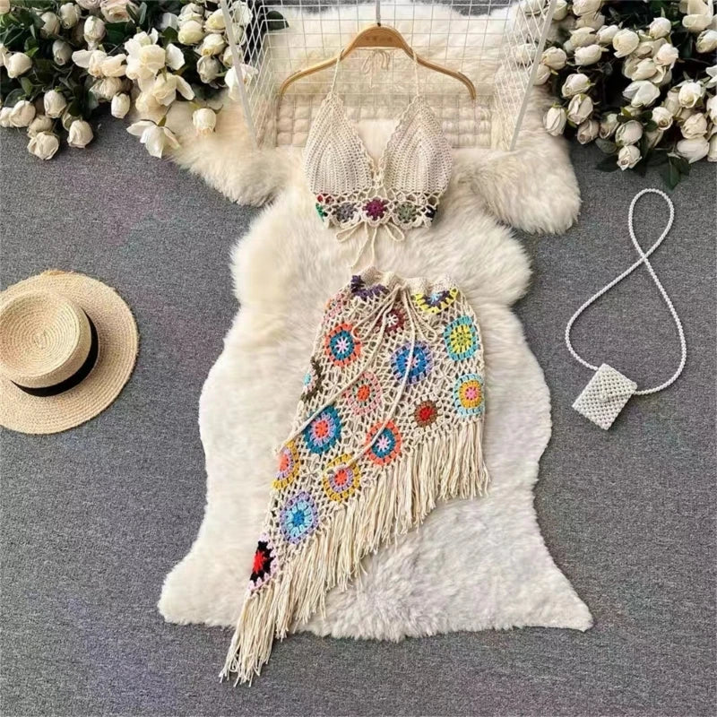 Stilla | Kvinder 2 Delt Outfit Sæt Boho Huludskæring Hæklet Strik Halterneck Bh Top Og Asymmetrisk Frynsæt Mini Nederdel Strand Cover up