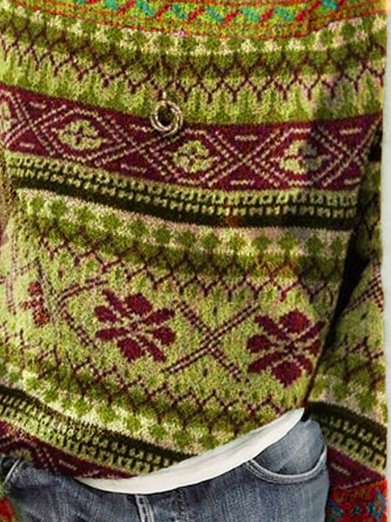 Stilla | Varm Fair Isle Print Rund Hals Strikket Trøje Til Dame
