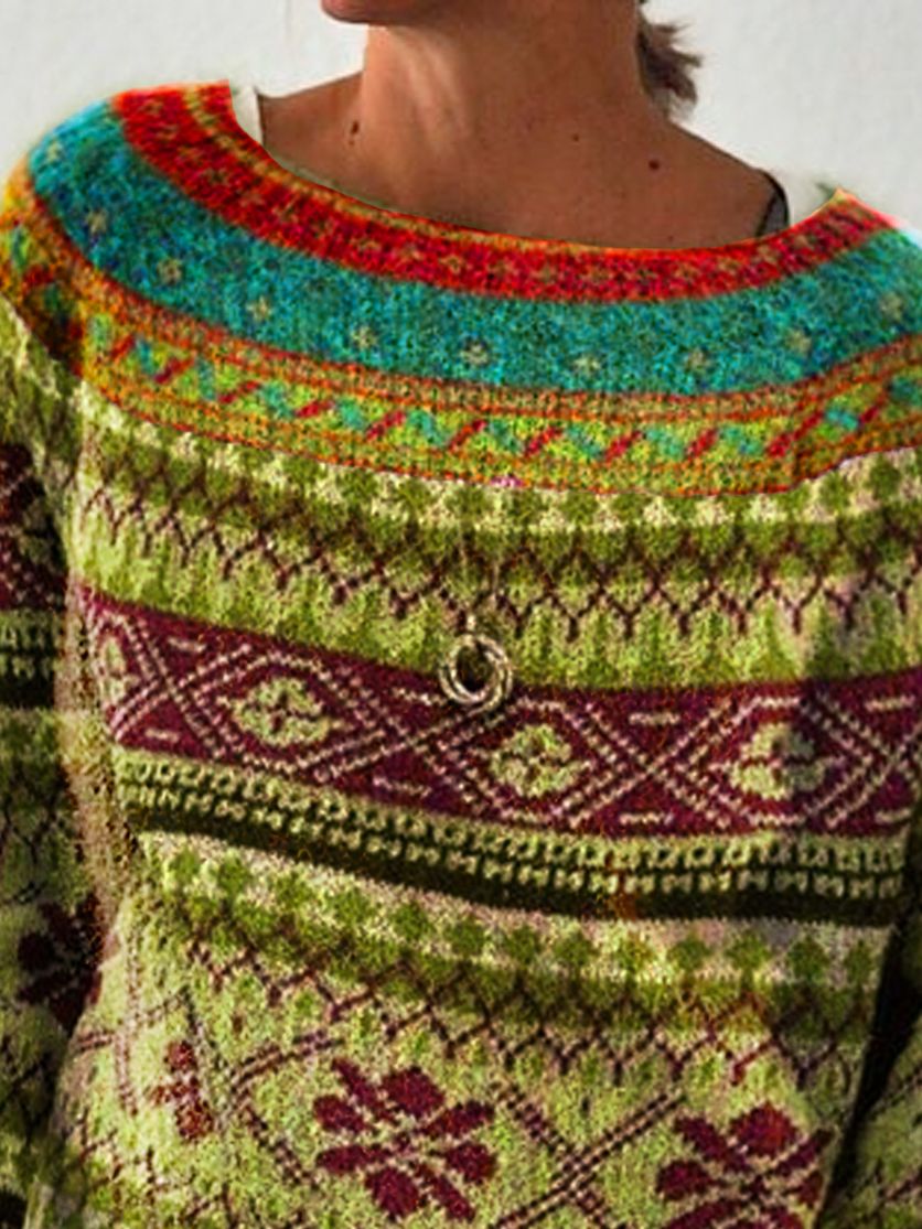 Stilla | Varm Fair Isle Print Rund Hals Strikket Trøje Til Dame