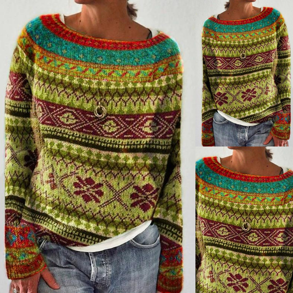 Stilla | Varm Fair Isle Print Rund Hals Strikket Trøje Til Dame