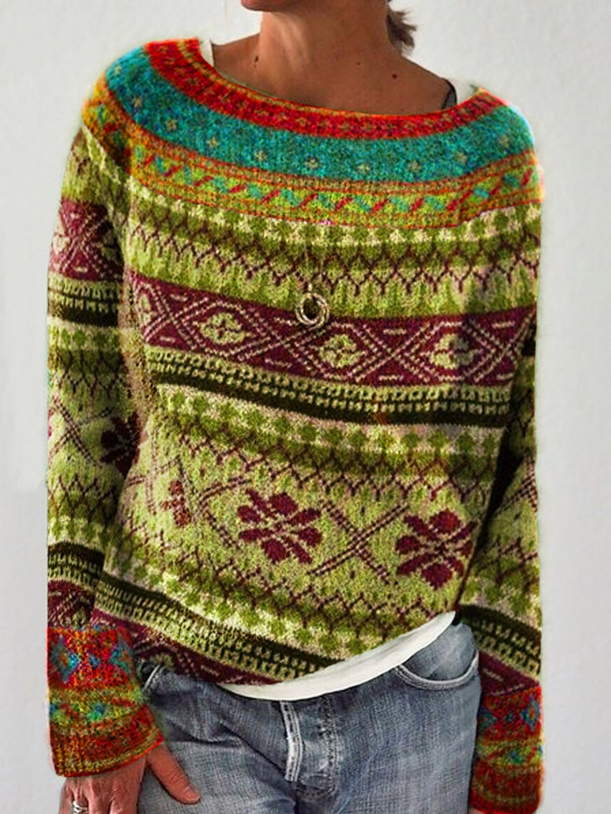 Stilla | Varm Fair Isle Print Rund Hals Strikket Trøje Til Dame