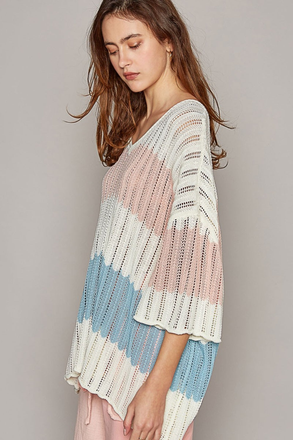 Stilla | V-Hals Kortærmet Stribet Vævet Sweater Mode