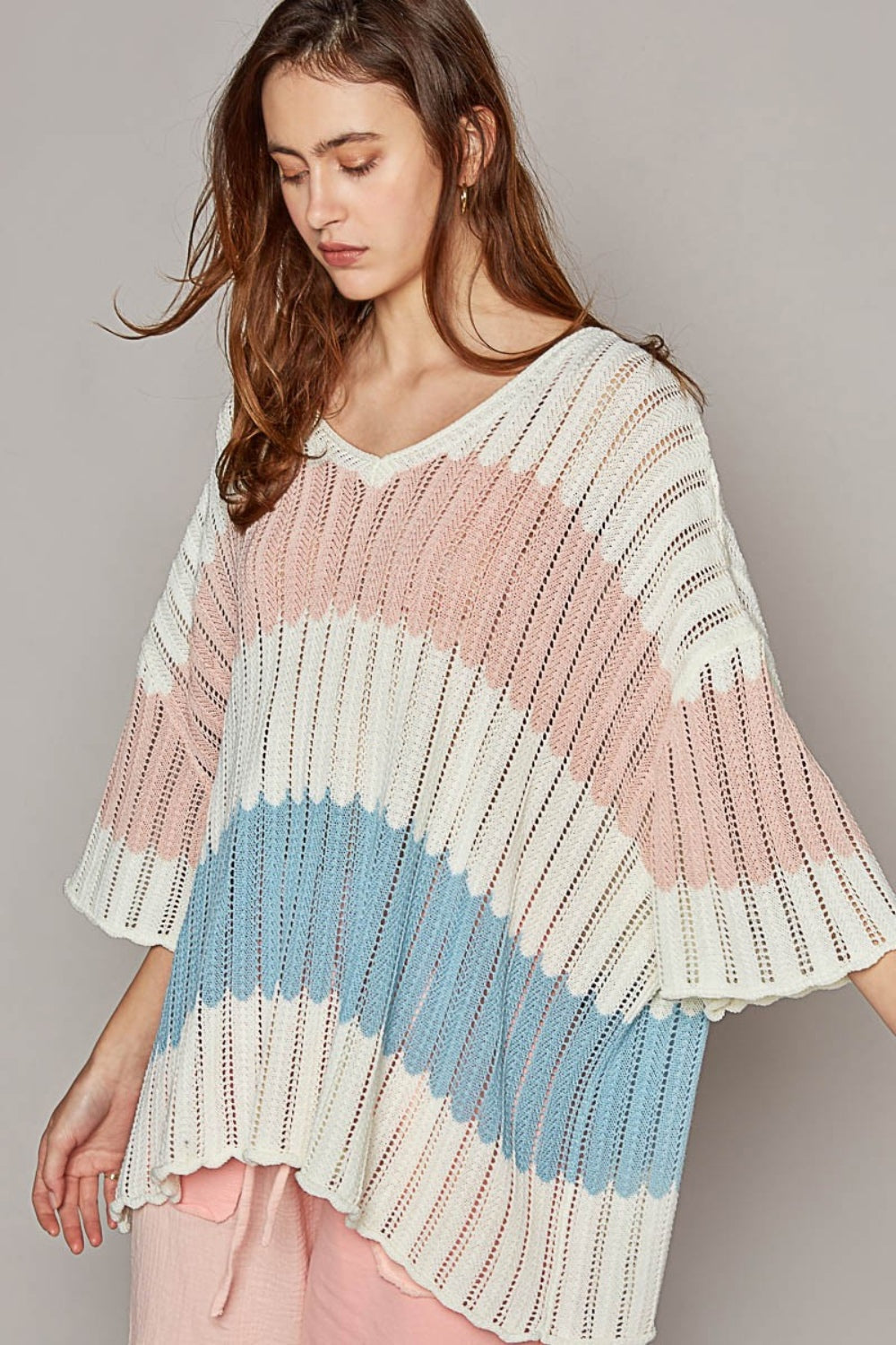 Stilla | V-Hals Kortærmet Stribet Vævet Sweater Mode