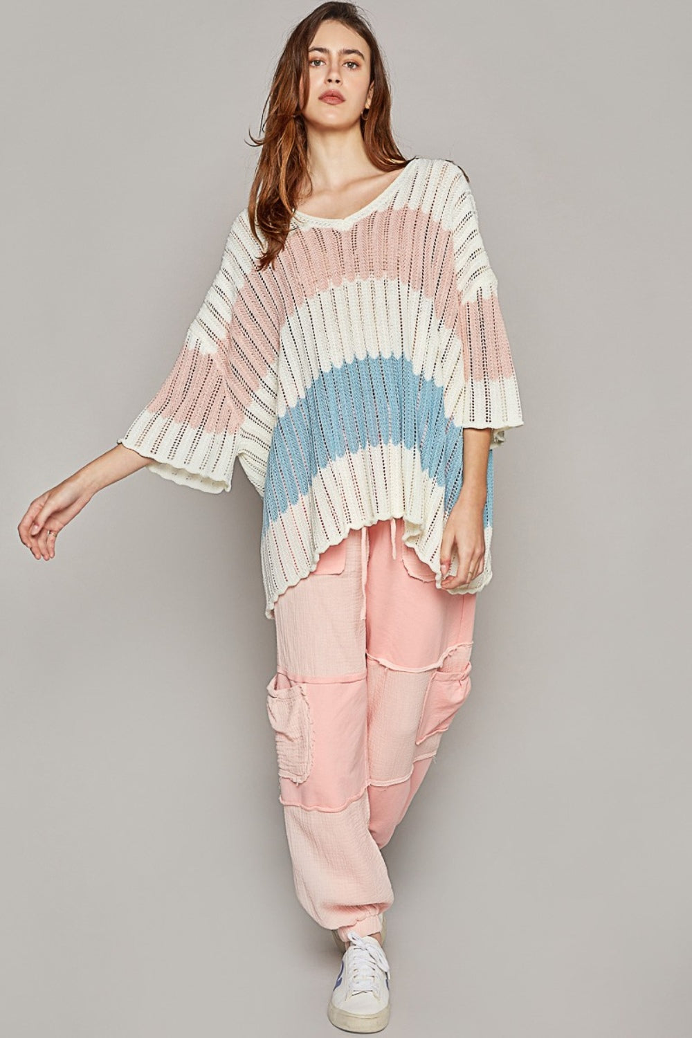 Stilla | V-Hals Kortærmet Stribet Vævet Sweater Mode