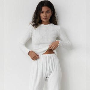 Stilla | Forår Hvid Strikket Sunket Stribe Pyjamas to Delt Sæt Afslappet Komfortable Lange Ærmer Bukser Kvinder Hjemmebeklædning