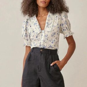Stilla | vintage blomstret bluse med blondekant Online Hot Salg