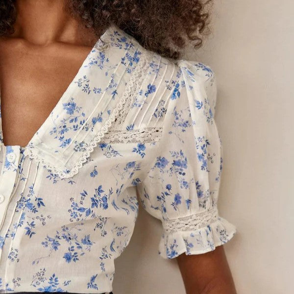 Stilla | vintage blomstret bluse med blondekant Online Hot Salg
