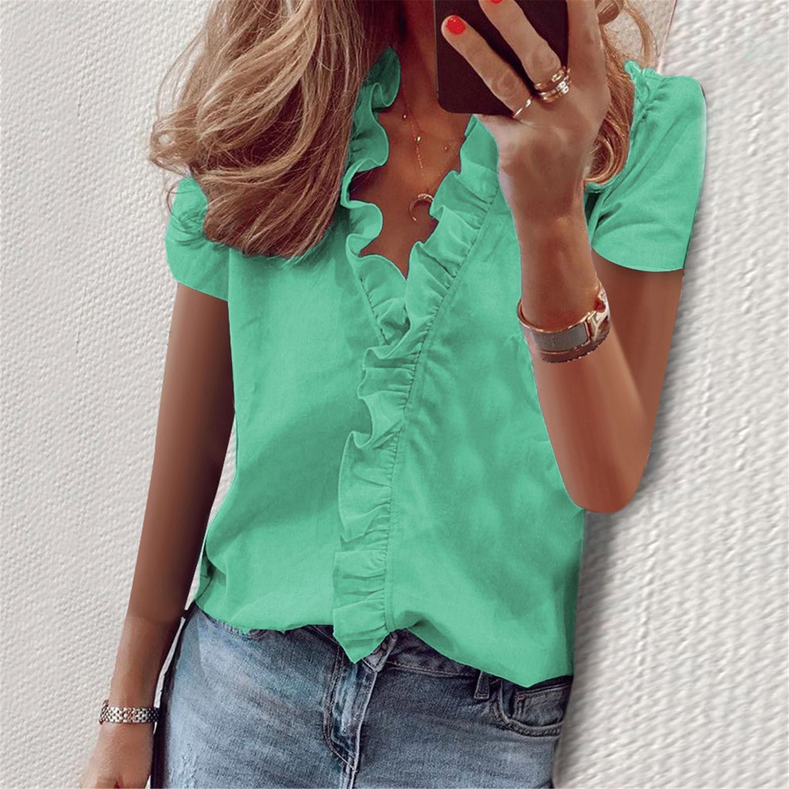 Stilla | V-hals Ruffle Lanterne Ærme Bluse
