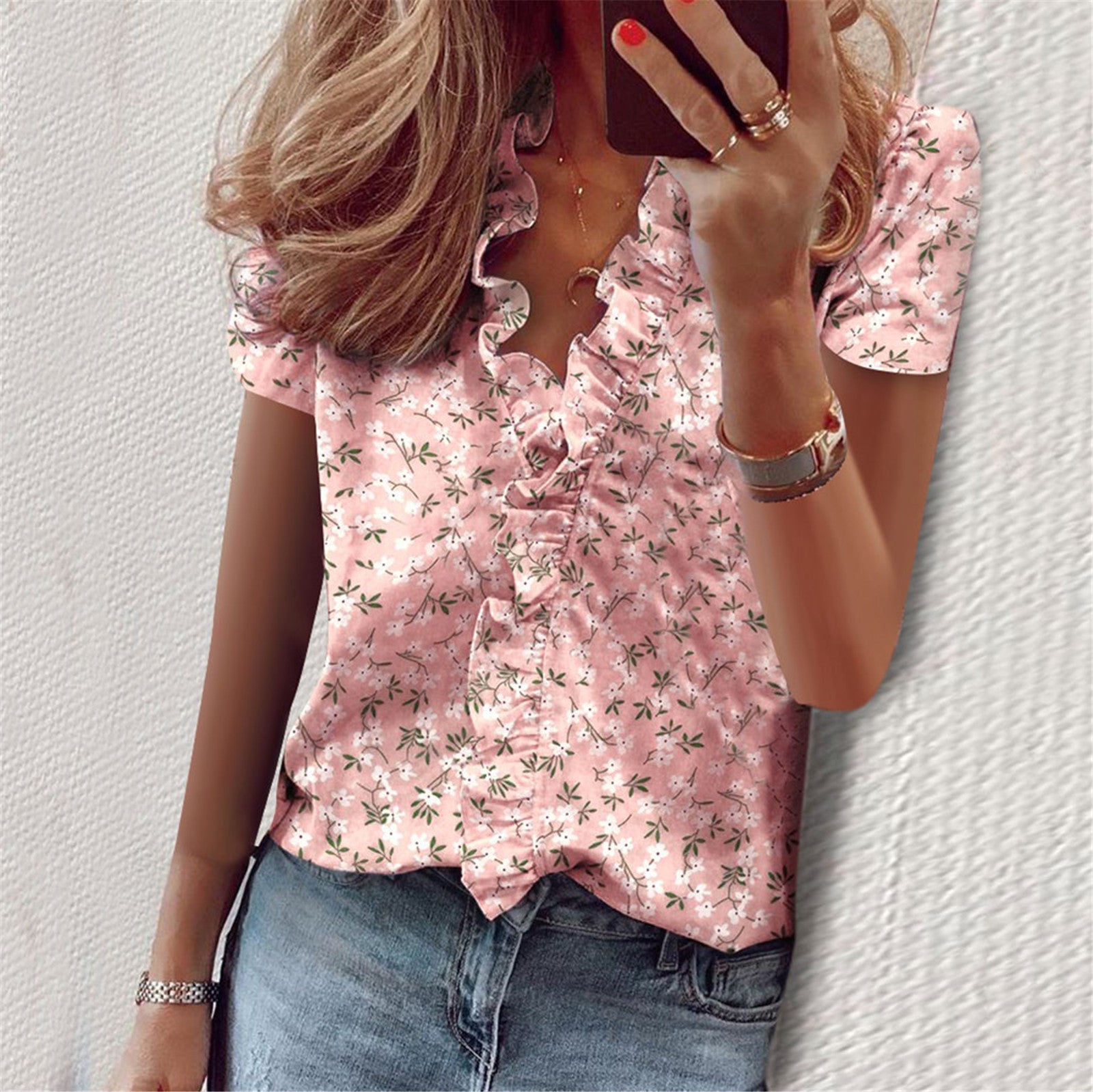 Stilla | V-hals Ruffle Lanterne Ærme Bluse
