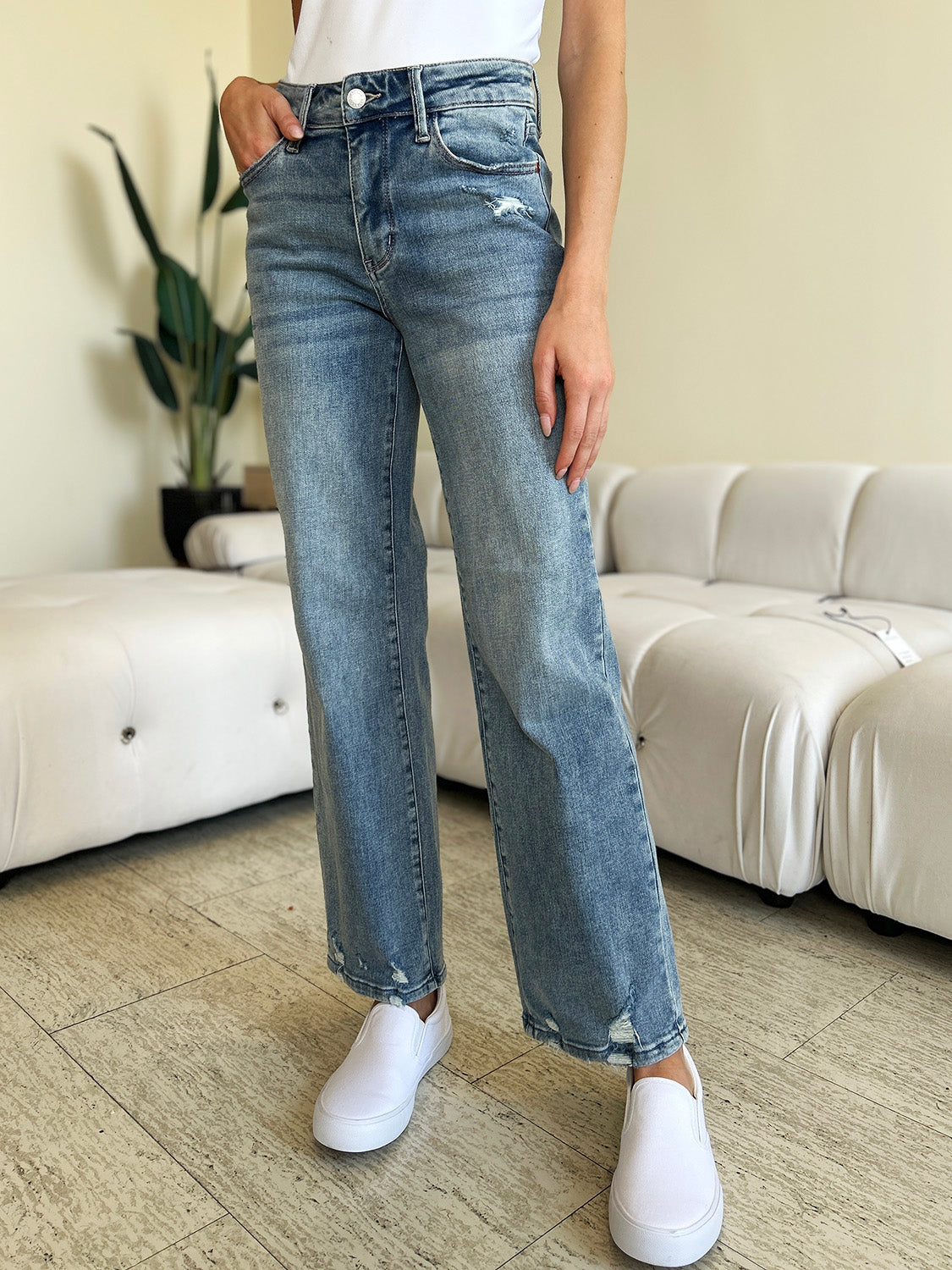 Stilla | Blå Fuld Størrelse Høj Talje Distressed Lige Jeans Online salg