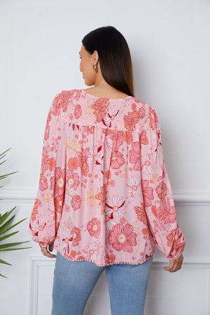 Stilla | Floral Smocked Quastenzug Bluse med Ballonærmer