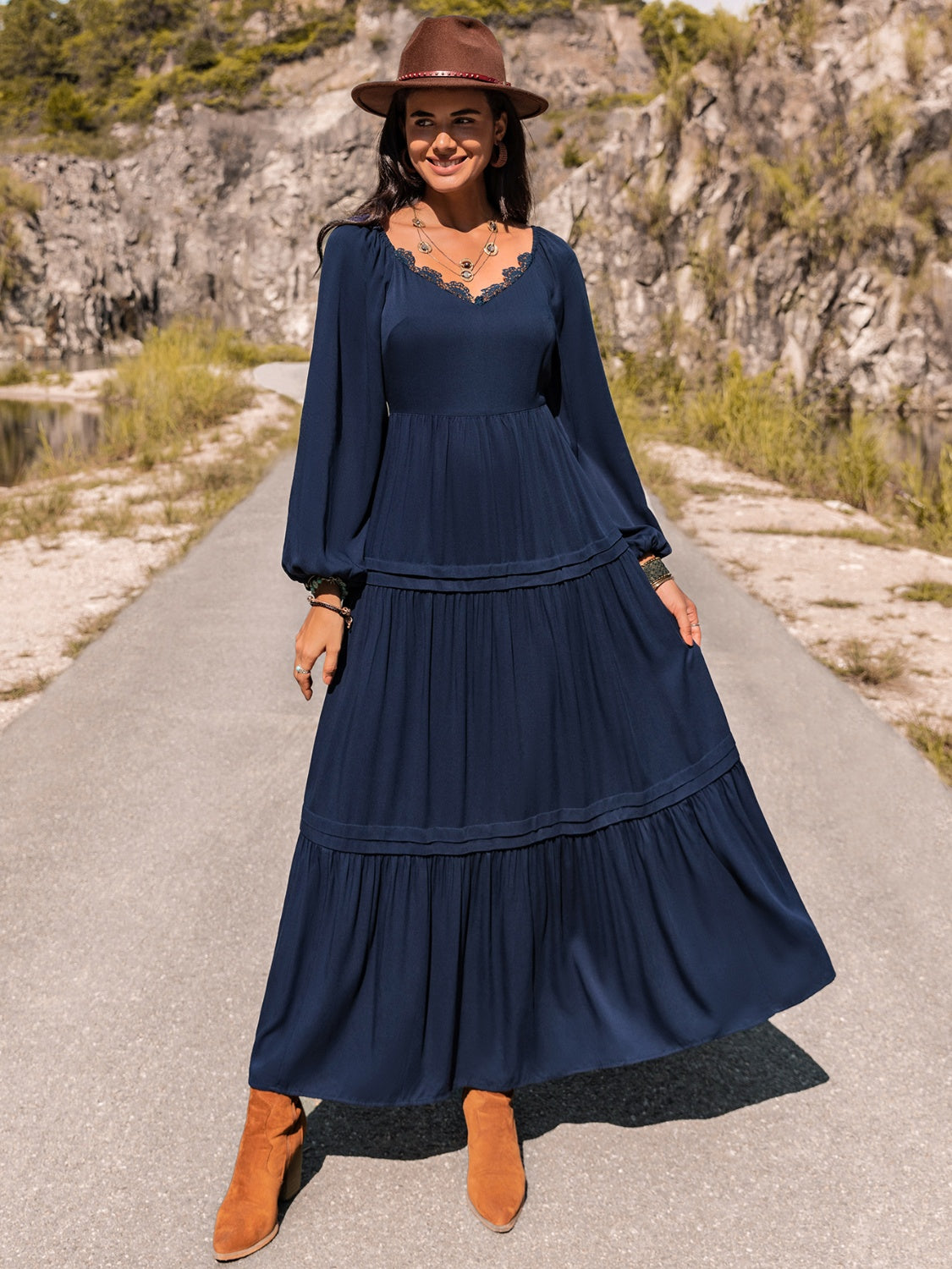 Stilla | Ærmelace Trim Maxi Kjole