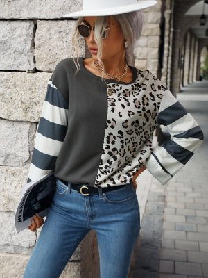 Stilla | Kvinder farve-blok leopardmønster stribet bluse med lange ærmer