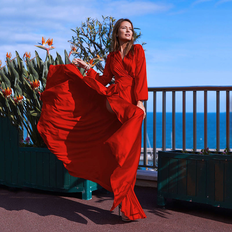 Stilla | Vibrant Colored V-Hals Maxi Kjole Med Wrap Lukning Og Lår Slids Mode