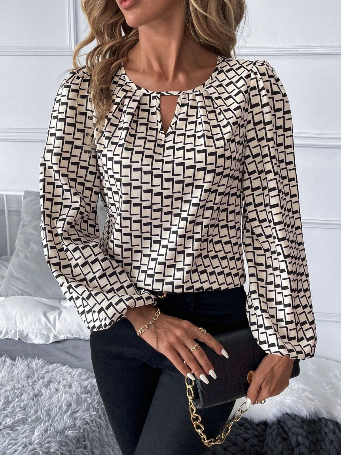 Stilla | Cutout Trykt Langærmet Bluse Online salg
