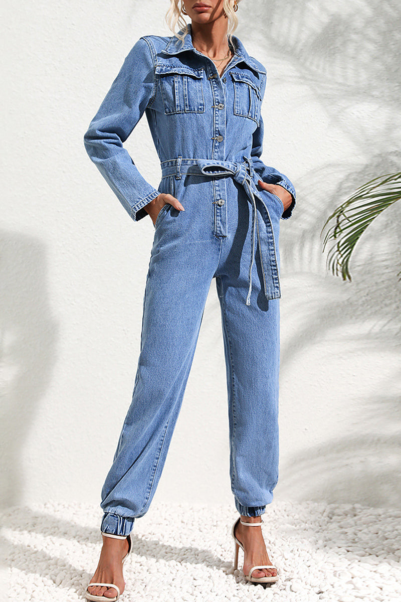Stilla | Casual Denim Overalls, Ensfarvet, Med Lommer, Omslået Krave, Lange Ærmer, Regular