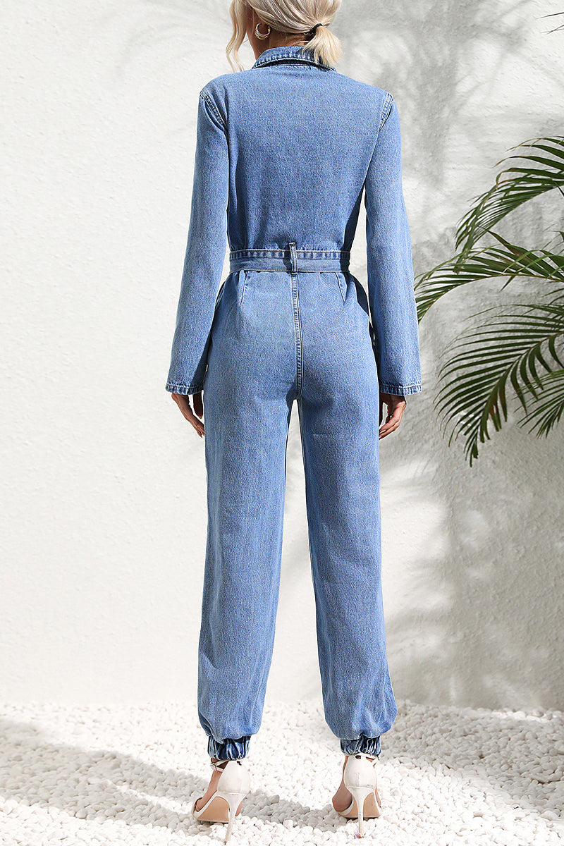 Stilla | Casual Denim Overalls, Ensfarvet, Med Lommer, Omslået Krave, Lange Ærmer, Regular