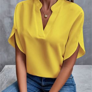 Stilla | Elegant V|hals Kort|ærmet Chiffon Bluse
