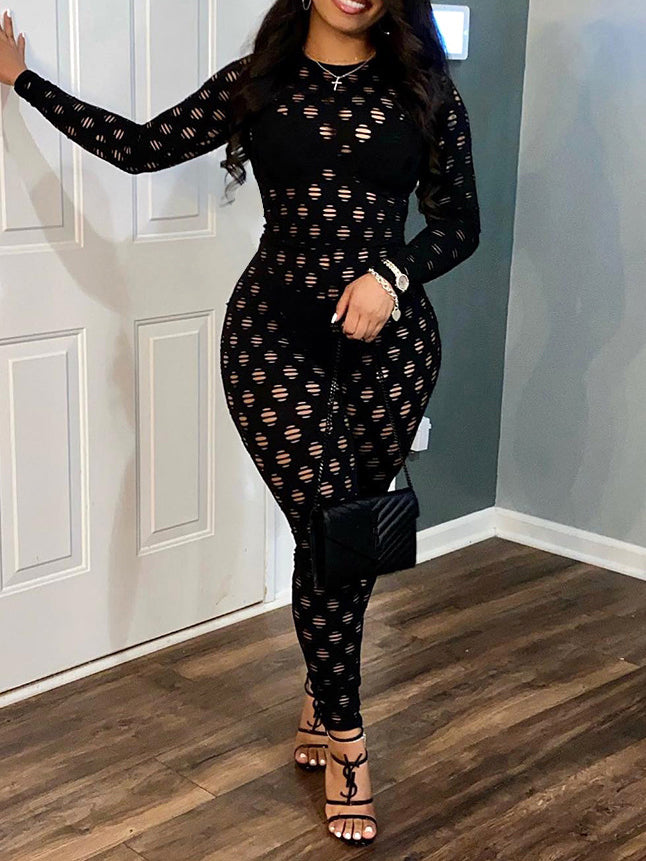 Stilla | Sexet Bodycon Langærmet Mesh Gennemsigtig Jumpsuit