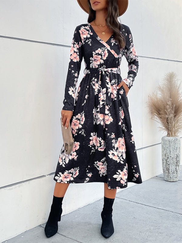 Stilla | Dame Floral Print Faux Wrap Talje Bælte Midi Kjole