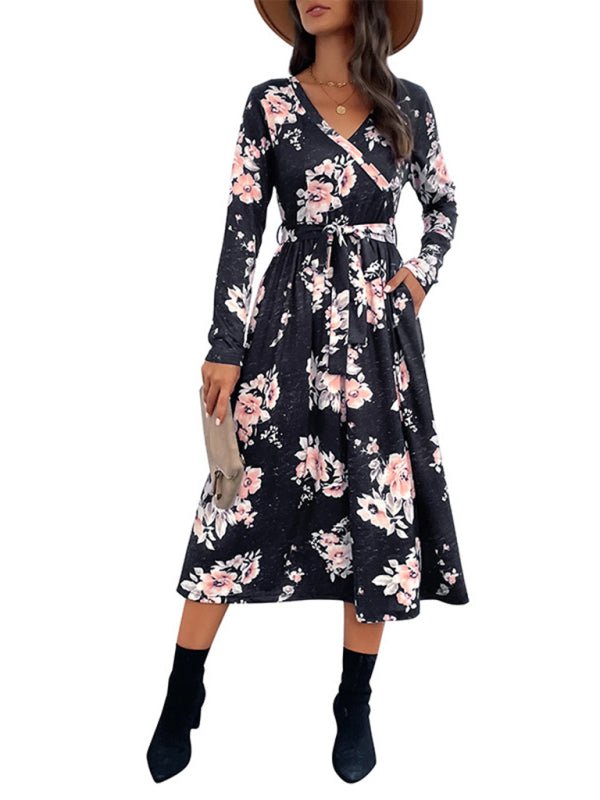 Stilla | Dame Floral Print Faux Wrap Talje Bælte Midi Kjole