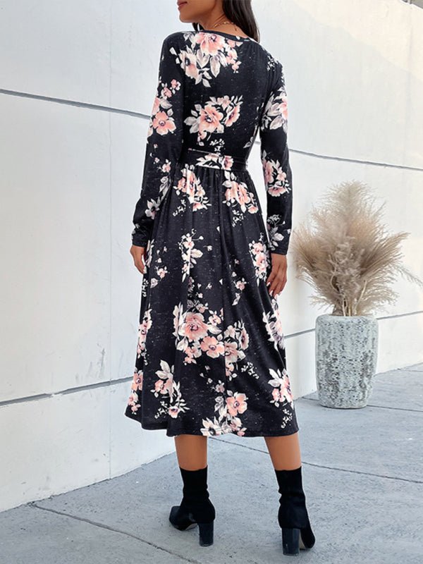 Stilla | Dame Floral Print Faux Wrap Talje Bælte Midi Kjole