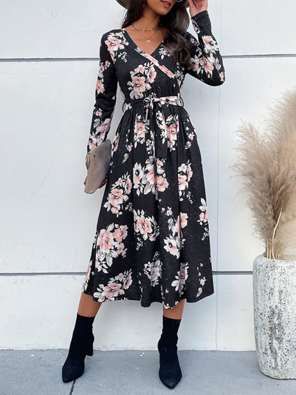 Stilla | Dame Floral Print Faux Wrap Talje Bælte Midi Kjole