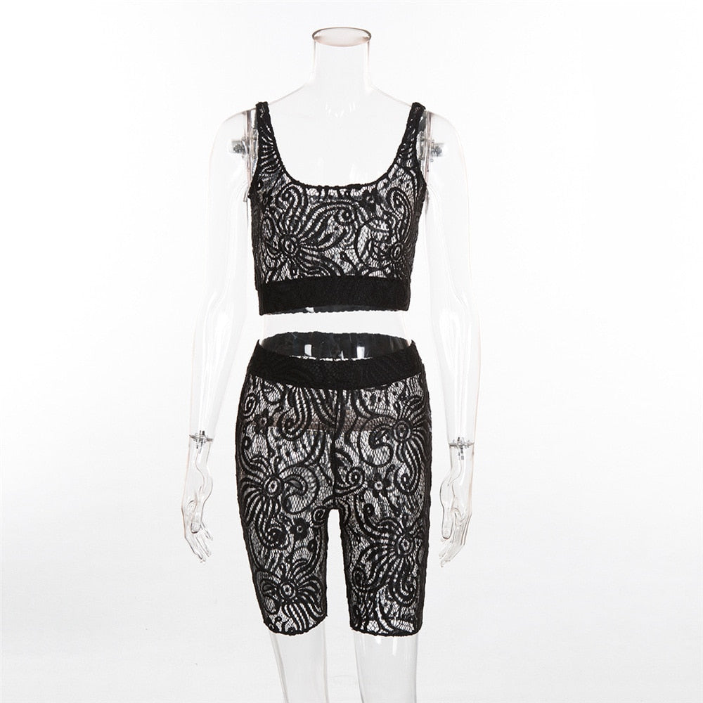 Stilla | Gennemsigtig Spitze Tanktop Og Shorts Sæt