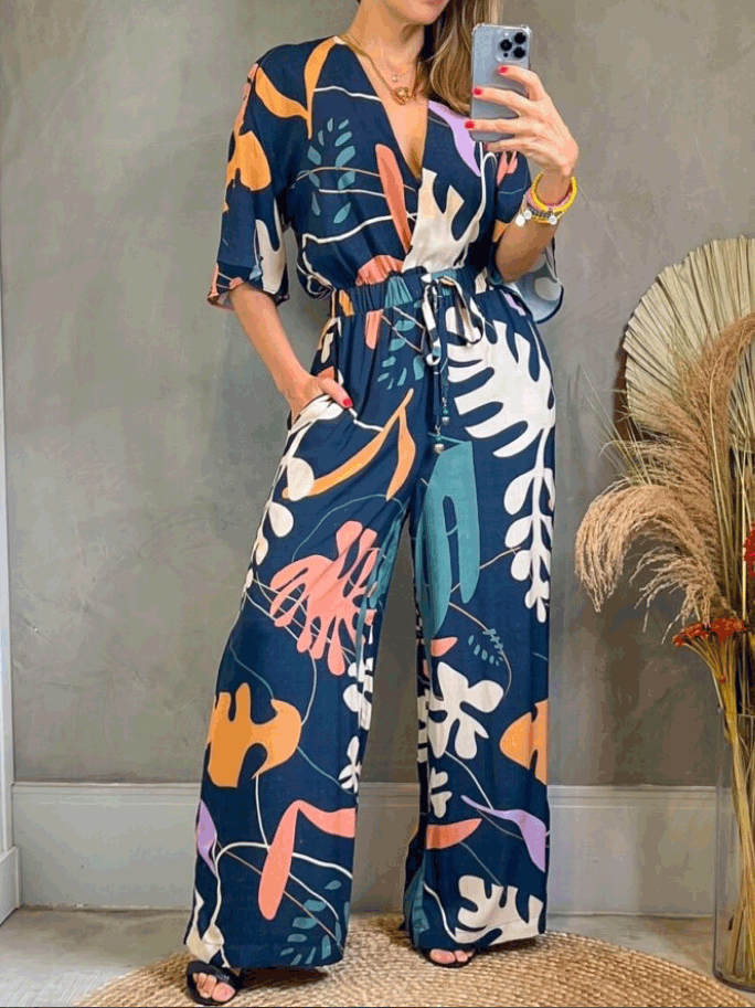 Stilla | Kvinders Jumpsuits Trykt V-hals Kortærmet Snørebånd Jumpsuit