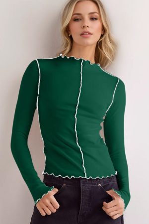 Stilla | Basic Bae Kontrastbesæt Mock Neck Langærmet T-Shirt