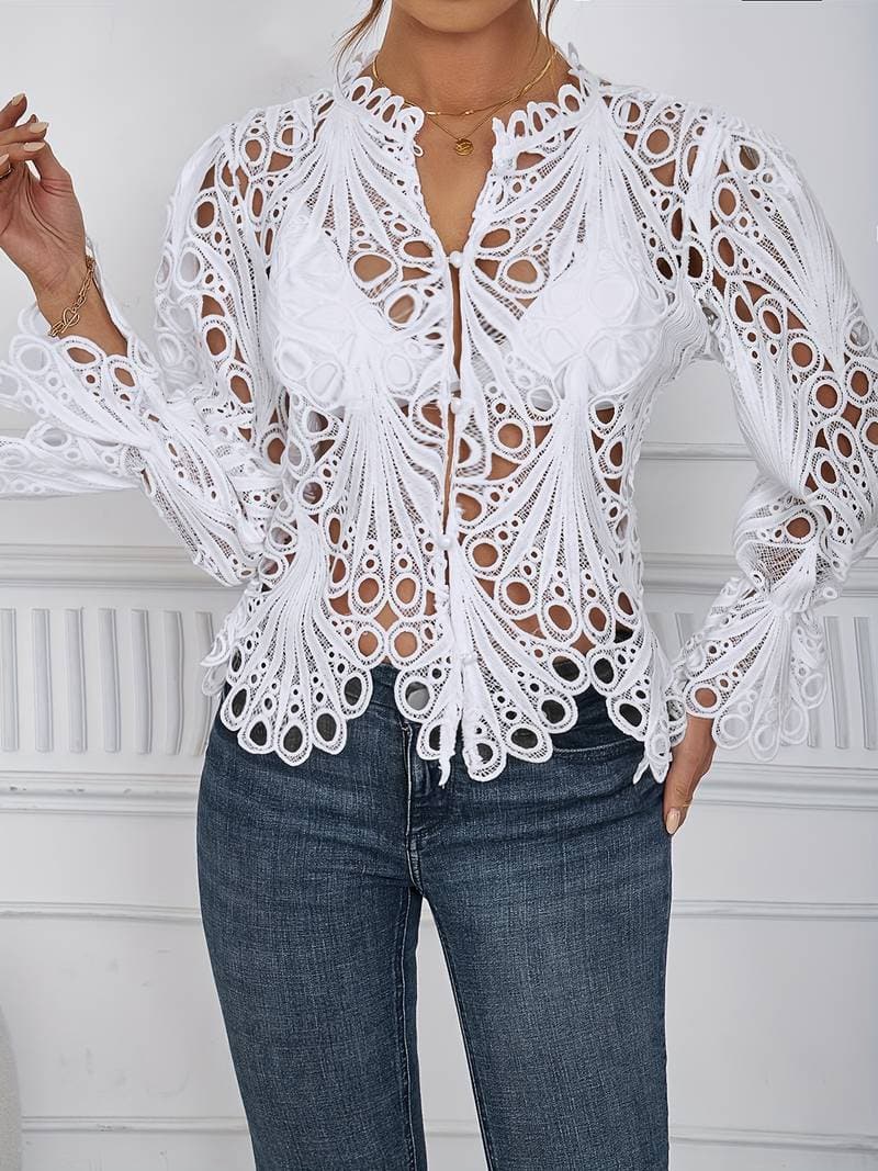 Stilla | Blondebluse Langærmet V-hals Knaplukning Elegante Transparent Design Udsalg
