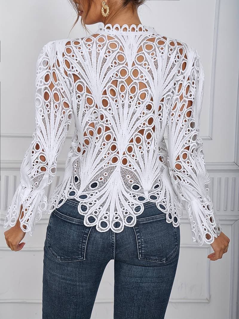 Stilla | Blondebluse Langærmet V-hals Knaplukning Elegante Transparent Design Udsalg
