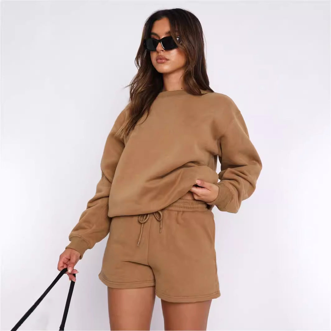 Stilla | Alsidig Casual Rund Hals Sweatshirt Shorts Sæt