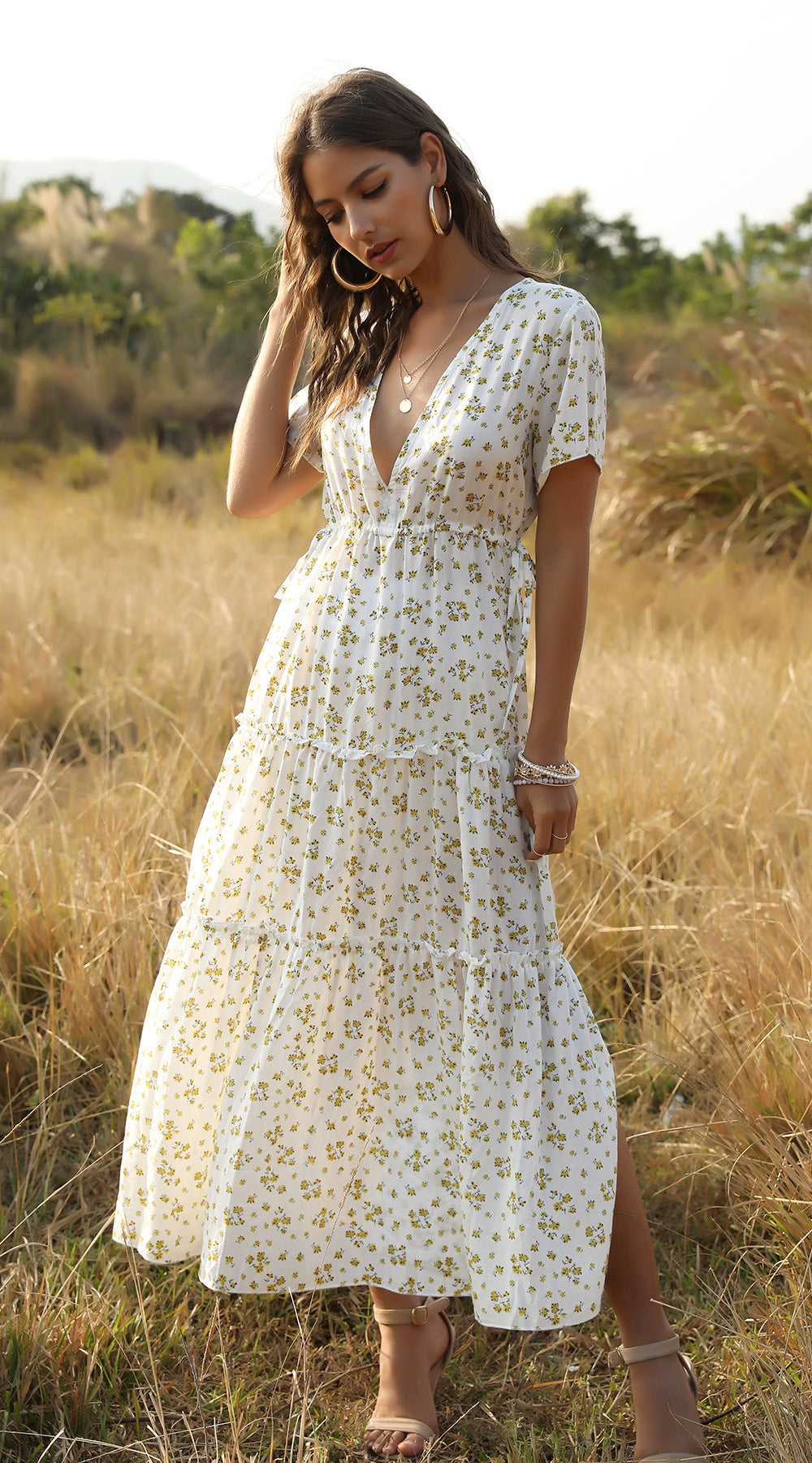 Stilla | Sommer Blomsterprint Flæser Boho Maxi Kjole