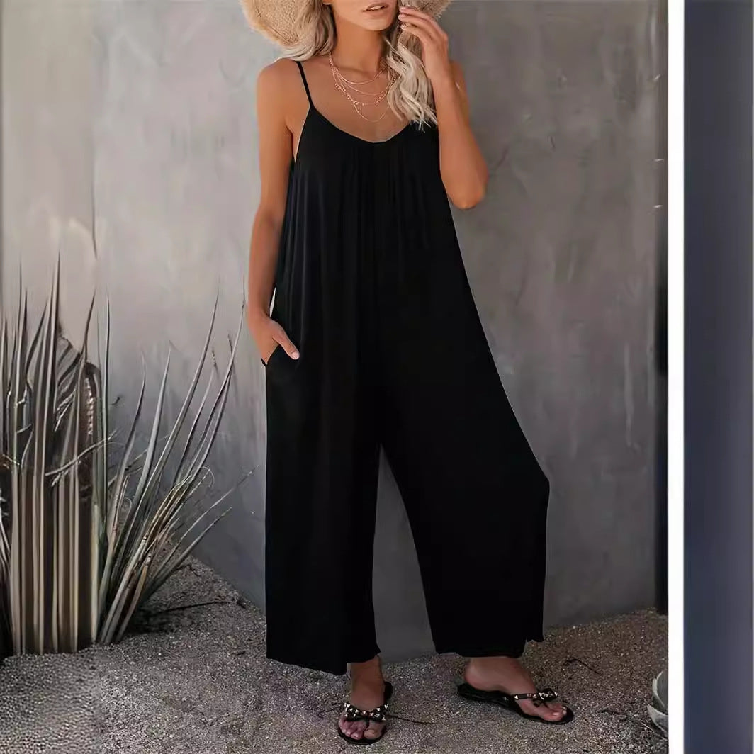 Stilla | Casual Kvinders Ensfarvet Sling Løs Bred Ben Jumpsuit