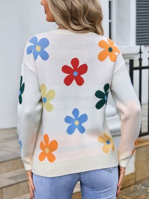 Stilla | Vinger Blomst Rund Hals Langærmet Sweater Hot på udsalg