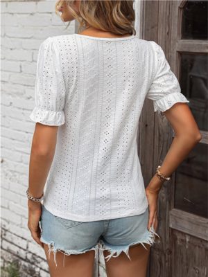 Stilla | Blonde Detalje V-hals Flounce Ærme Bluse
