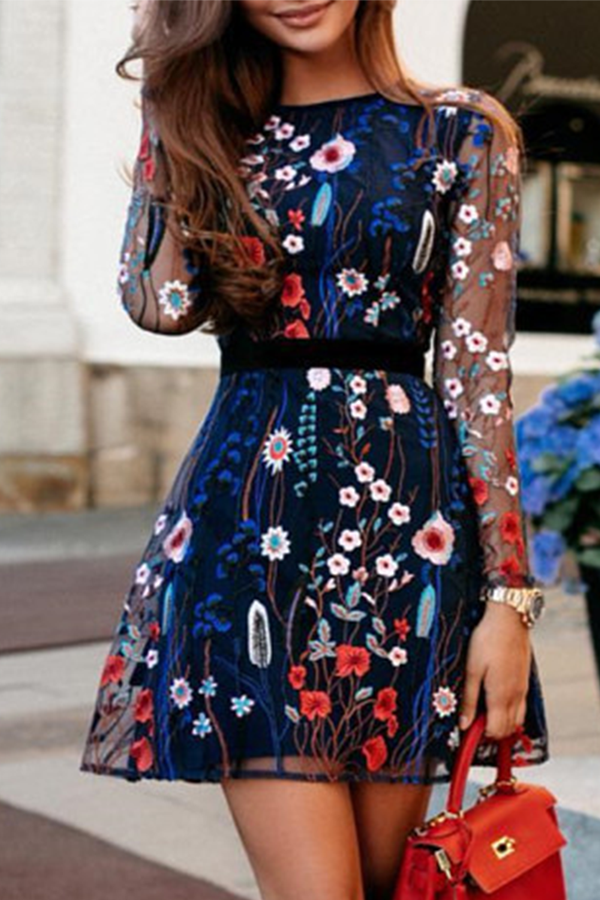 Stilla | Mode Elegant Blomstermønster Blonde Broderet Mesh O Hals Talje Nederdel Kjoler Online
