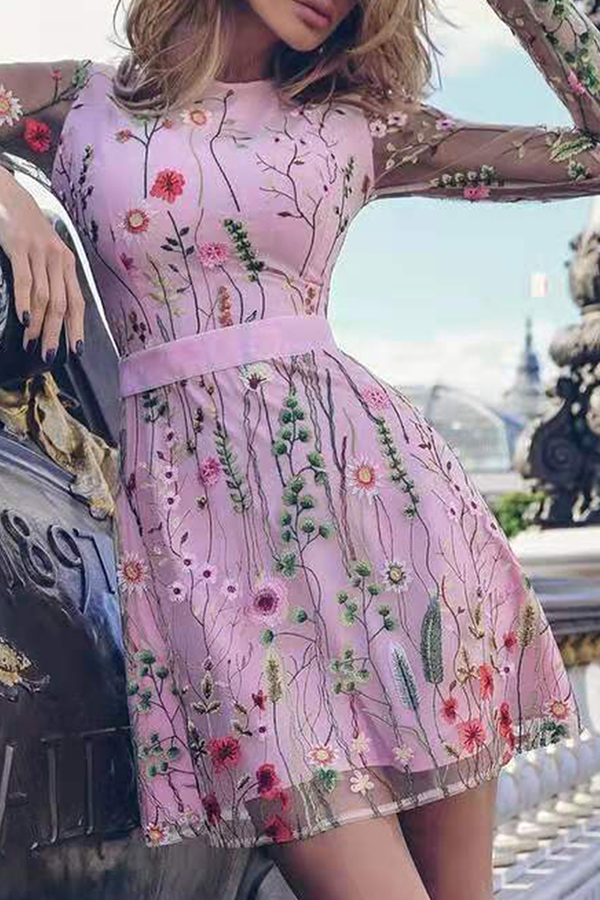 Stilla | Mode Elegant Blomstermønster Blonde Broderet Mesh O Hals Talje Nederdel Kjoler Online
