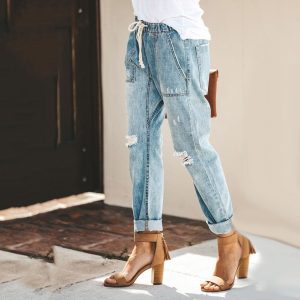 Stilla | Jogger Jeans Elastisk Talje Med Snøre Aflappet Pasform Rådetaljer & Opsmøg Levere
