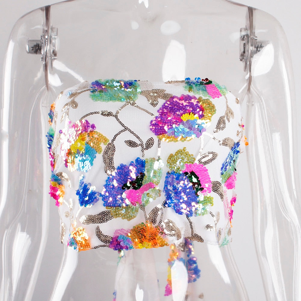 Stilla | Floral Pailletbroderi Pink Sommer Crop Top Hot på udsalg