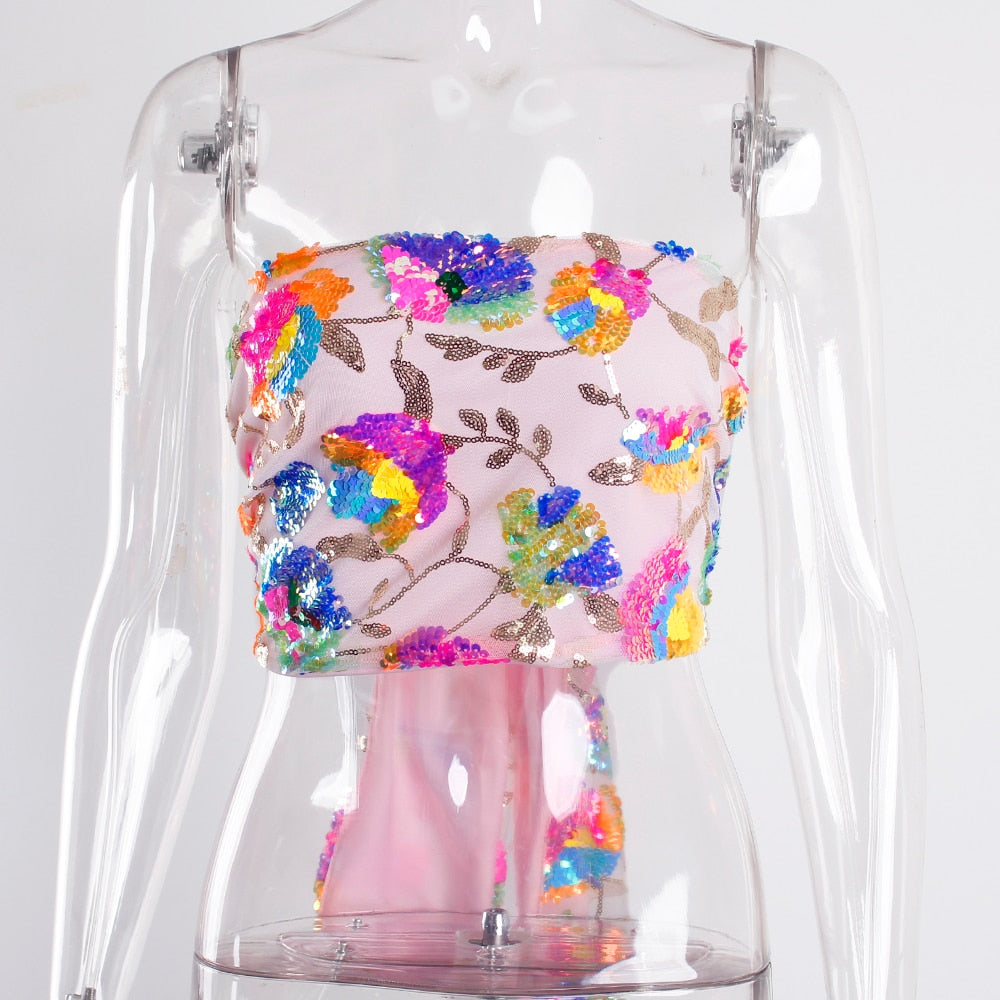 Stilla | Floral Pailletbroderi Pink Sommer Crop Top Hot på udsalg