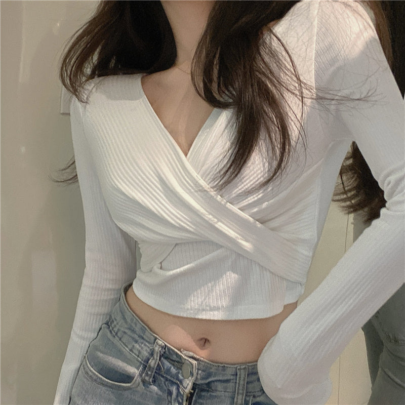 Stilla | V-udskæring Sexy Lange Ærmers Kort T-Shirt Top