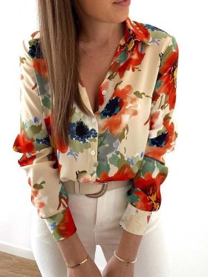 Stilla | Blomster Nedslået Krave Langærmet Mode Plus Size Bluse Mode